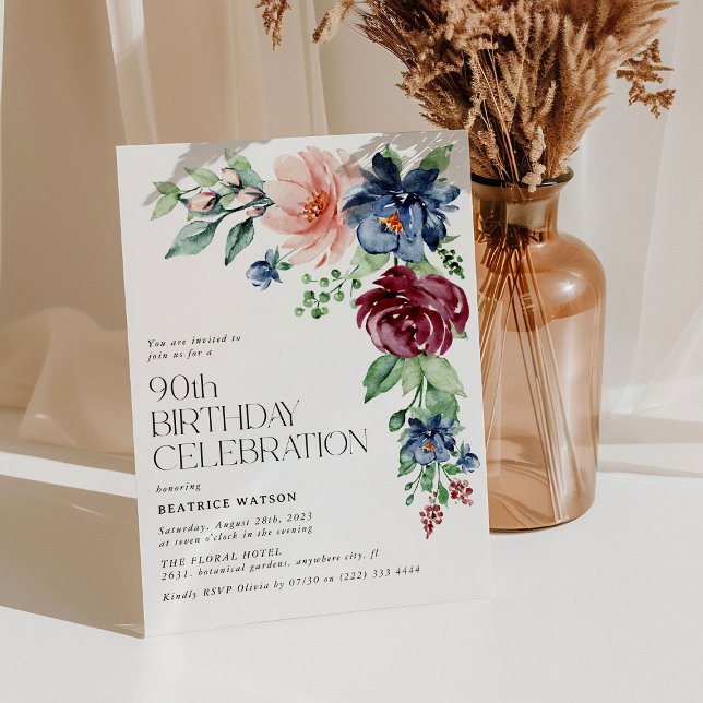 Elegant Watercolor Floral 90th Birthday  Invitation (Creator Uploaded)