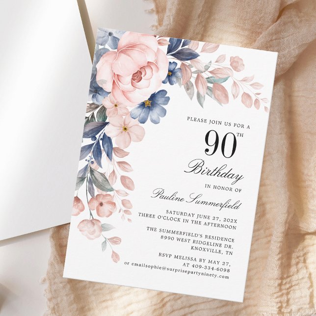 Elegant Watercolor Floral 90th Birthday Party Invitation (Elegant Watercolor Floral 90th Birthday Party Invitation)