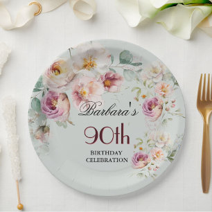 *Elegant Watercolor Floral 90th Birthday Party  Paper Plate