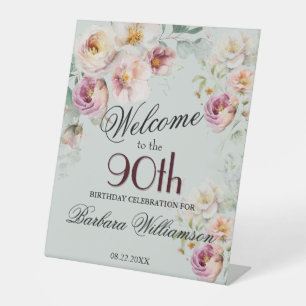 Elegant Watercolor Floral 90th Birthday Welcome  Pedestal Sign