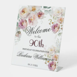 Elegant Watercolor Floral 90th Birthday Welcome Pedestal Sign