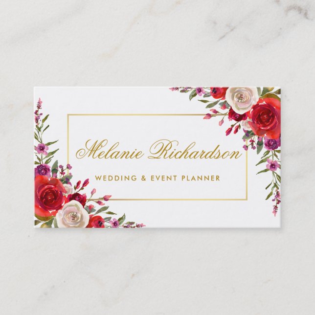 Elegant Watercolor Floral and Gold Frame Business Card (Front)