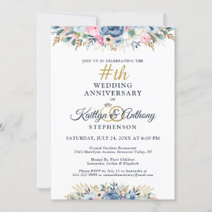 Elegant Watercolor Floral Anniversary Navy Gold Invitation