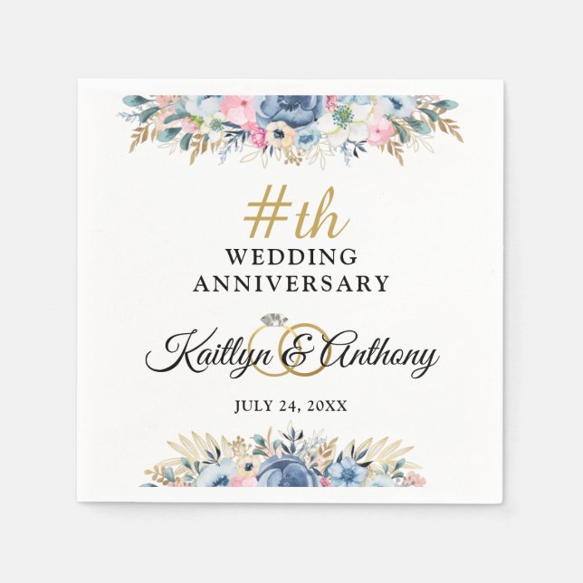 Elegant Watercolor Floral Anniversary Personalised Napkin (Front)