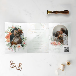 Elegant Watercolor Floral Arch Photo Wedding Tri-Fold Invitation