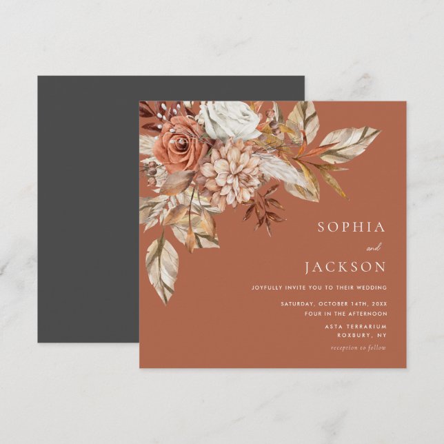 Elegant Watercolor Floral Autumn Winter Wedding  Invitation (Front/Back)