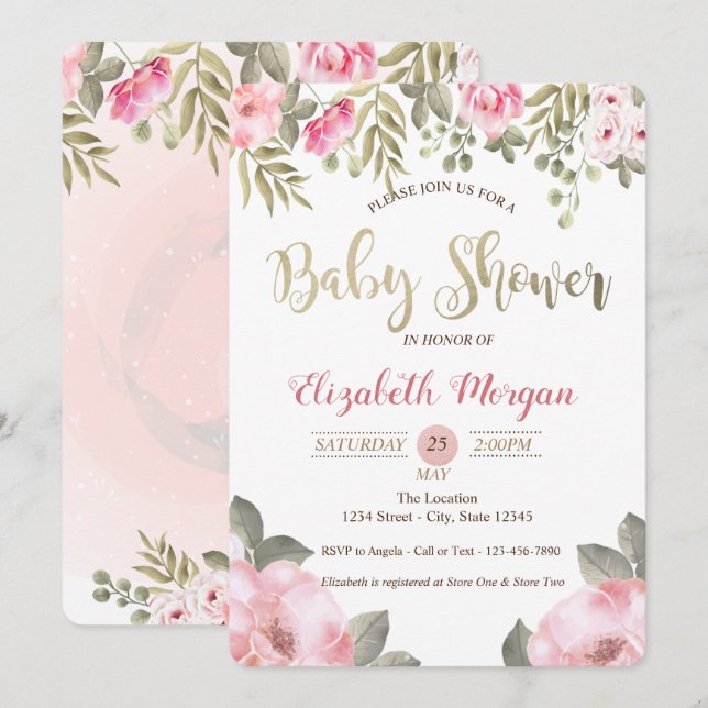 Elegant Watercolor Floral Baby Shower Invitation (Front/Back)