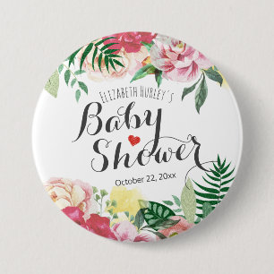 Elegant Watercolor Floral Baby Shower Pinback 7.5 Cm Round Badge