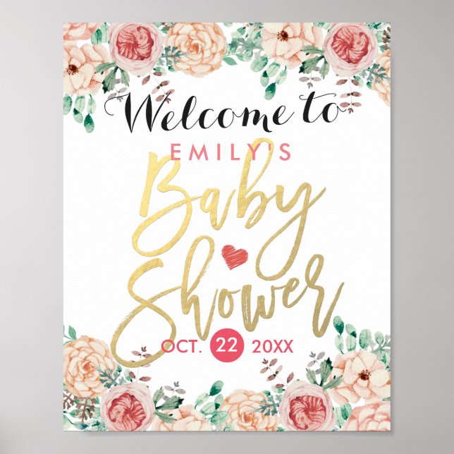 Elegant Watercolor Floral Baby Shower Welcome Sign (Front)
