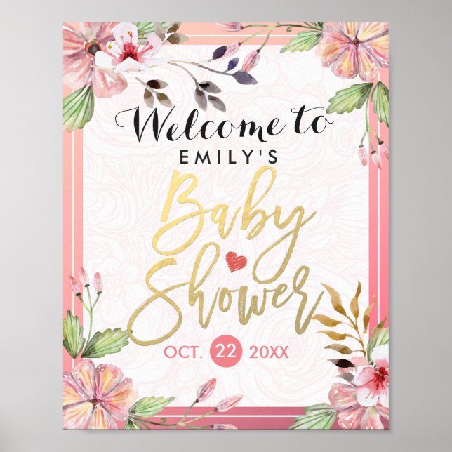 Elegant Watercolor Floral Baby Shower Welcome Sign (Front)