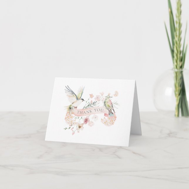 Elegant Watercolor Floral Birds Hummingbird  Thank You Card (Front)