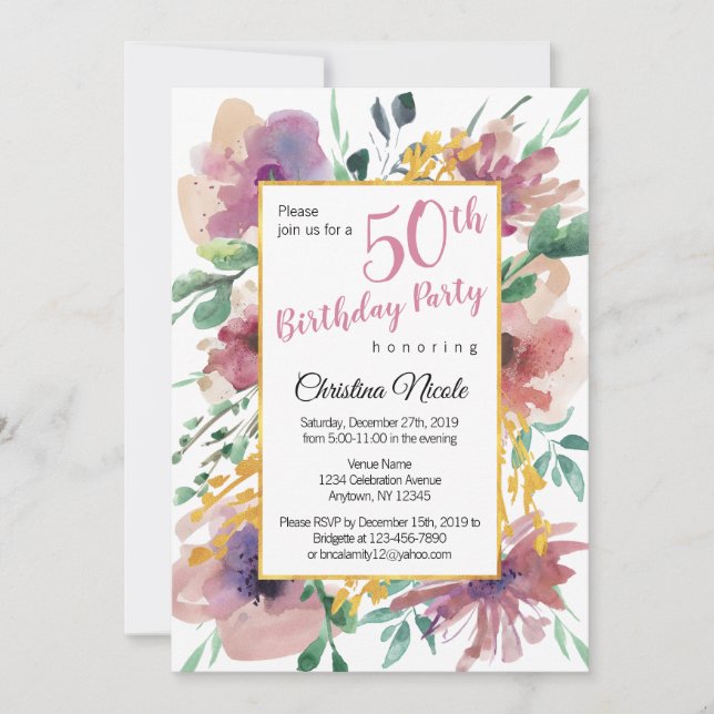 Elegant Watercolor Floral Birthday Invitation (Front)