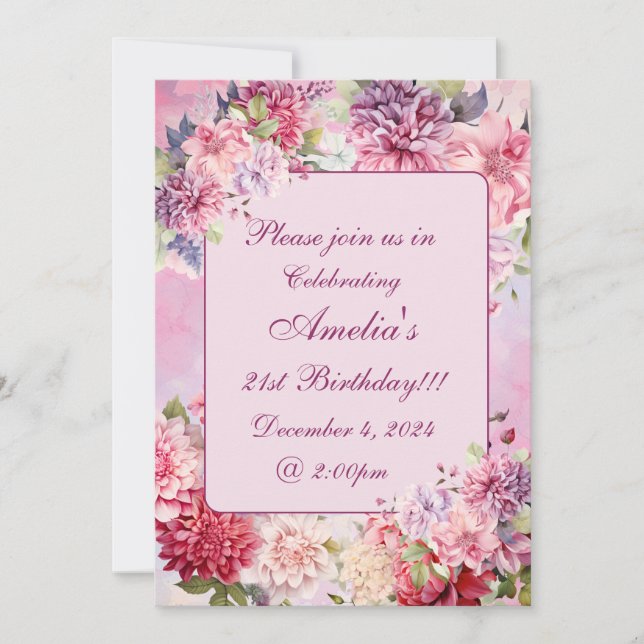 Elegant Watercolor Floral Birthday Invitation (Front)