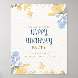 Elegant Watercolor Floral Birthday Party Invitatio Poster