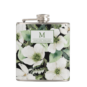 Elegant watercolor floral black and white   hip flask