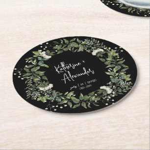 Elegant watercolor floral black and white round paper coaster