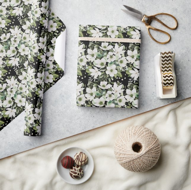 Elegant watercolor floral black and white  wrapping paper (Crafts)