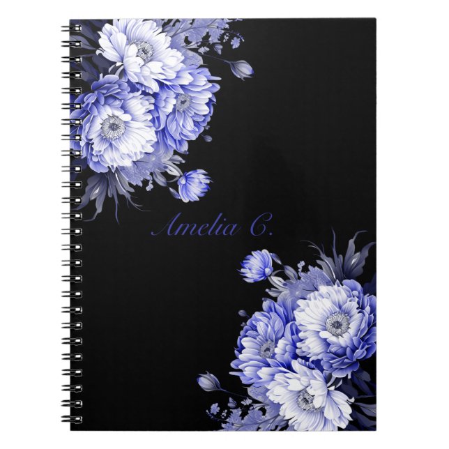 Elegant Watercolor Floral Black Notebook (Front)