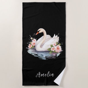 Elegant Watercolor Floral Black Swan Name Unique  Beach Towel