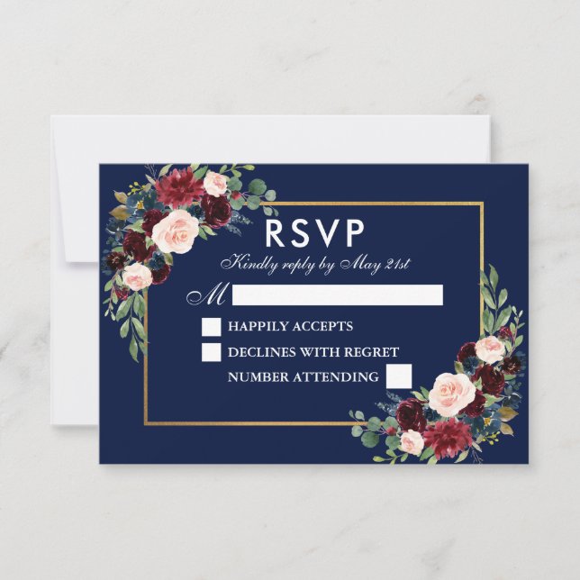 Elegant Watercolor Floral Blue Burgundy Wedding RSVP Card (Front)