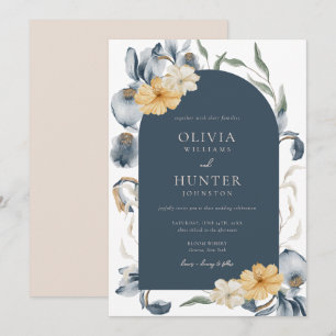 Elegant Watercolor Floral Blue Wedding Invitation