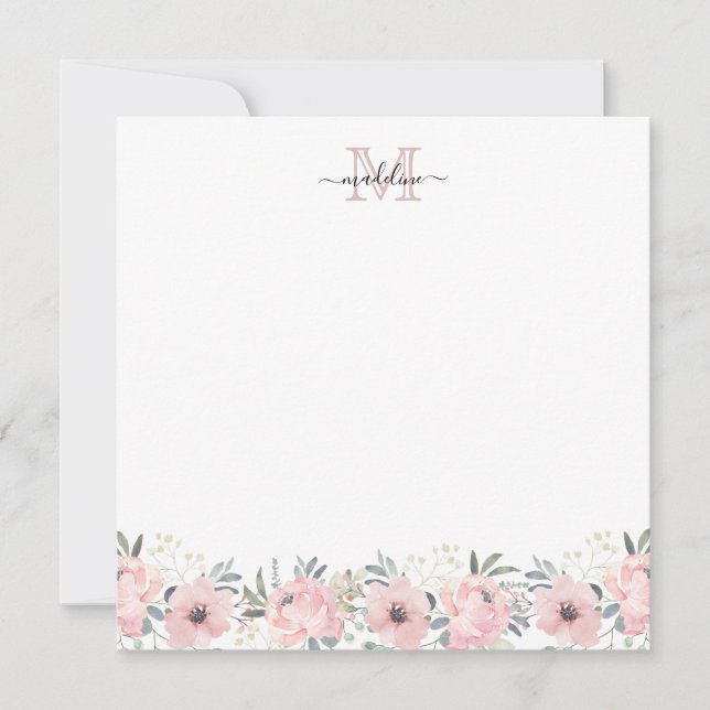 Elegant Watercolor Floral Blush Pink Monogram Card (Front)