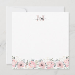Elegant Watercolor Floral Blush Pink Monogram Card