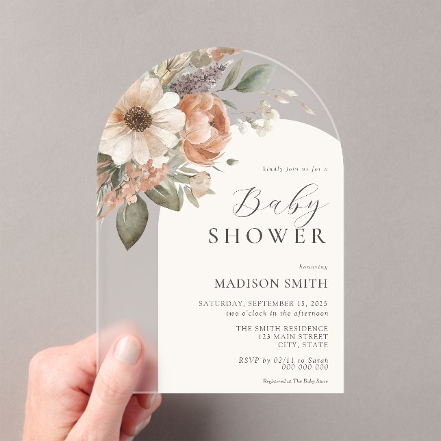 Elegant Watercolor Floral Boho Baby Shower Acrylic Invitations (Insitu (Handheld))