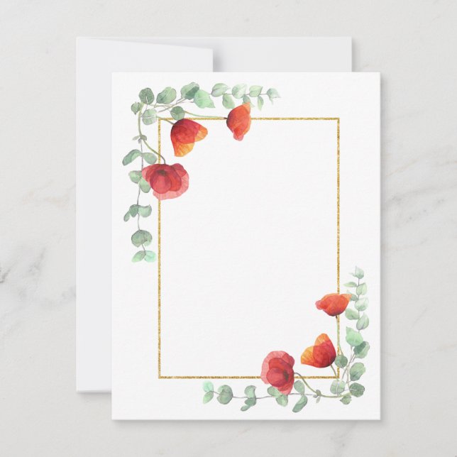 Elegant Watercolor Floral Border Poppy Stationery Card (Front)
