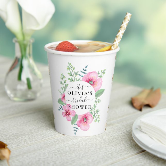 Elegant Watercolor Floral Bridal Shower Paper Cups (Insitu)