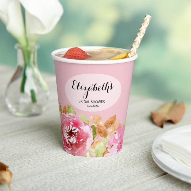 Elegant Watercolor Floral Bridal Shower Paper Cups (Insitu)