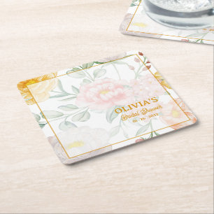 Elegant Watercolor Floral Bridal Shower Party Square Paper Coaster