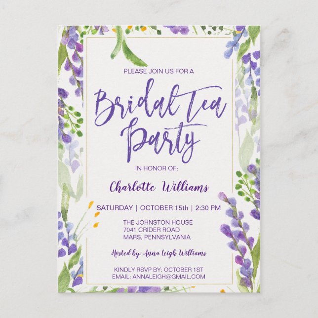 Elegant Watercolor Floral Bridal Shower Tea Postcard (Front)