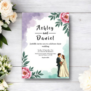 Elegant Watercolor Floral Bride And Groom Wedding Invitation