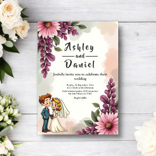 Elegant Watercolor Floral Bride Groom Chic Wedding Invitation