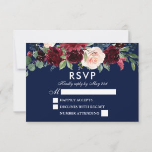 Elegant Watercolor Floral Burgundy Blue Wedding RSVP Card