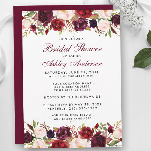 Elegant Watercolor Floral Burgundy Bridal Shower Invitation