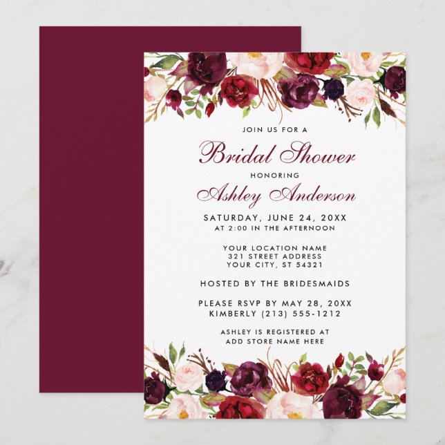 Elegant Watercolor Floral Burgundy Bridal Shower Invitation (Front/Back)