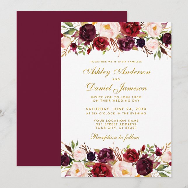 Elegant Watercolor Floral Burgundy Gold Wedding Invitation (Front/Back)