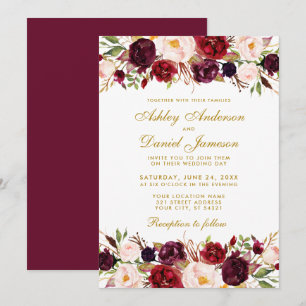 Elegant Watercolor Floral Burgundy Gold Wedding Invitation