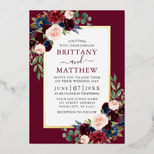 Elegant Watercolor Floral Burgundy Wedding Gold (Front)