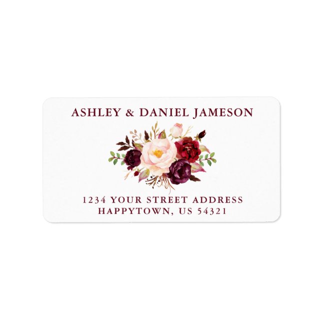 Elegant Watercolor Floral Burgundy Wedding Label (Front)