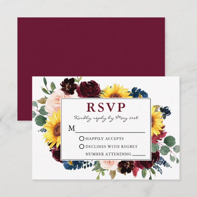Elegant Watercolor Floral Burgundy Wedding RSVP (Front/Back)