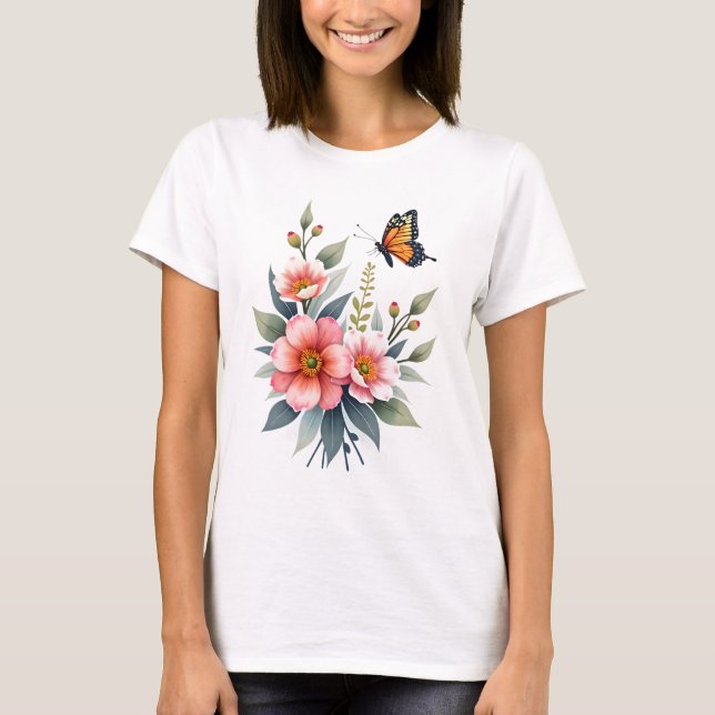 Elegant Watercolor Floral Butterflies  T-Shirt (Front)
