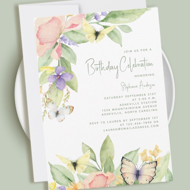 Elegant Watercolor Floral Butterfly Birthday Party Invitation (Creator Uploaded)