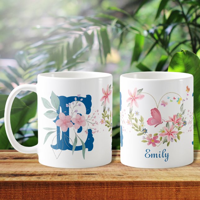 Elegant Watercolor Floral Butterfly Monogram E Coffee Mug (Creator Uploaded)