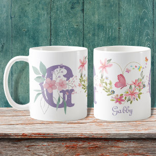Elegant Watercolor Floral Butterfly Monogram G Coffee Mug