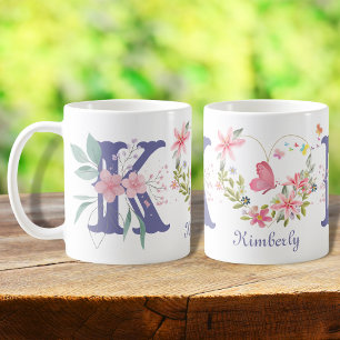 Elegant Watercolor Floral Butterfly Monogram K Coffee Mug