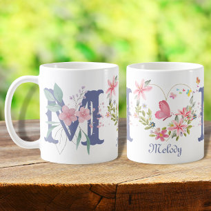 Elegant Watercolor Floral Butterfly Monogram M Coffee Mug