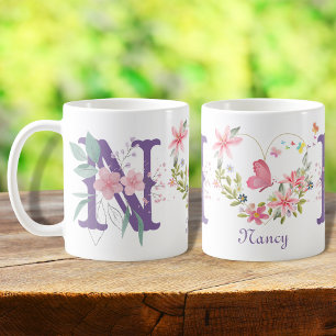 Elegant Watercolor Floral Butterfly Monogram N Coffee Mug